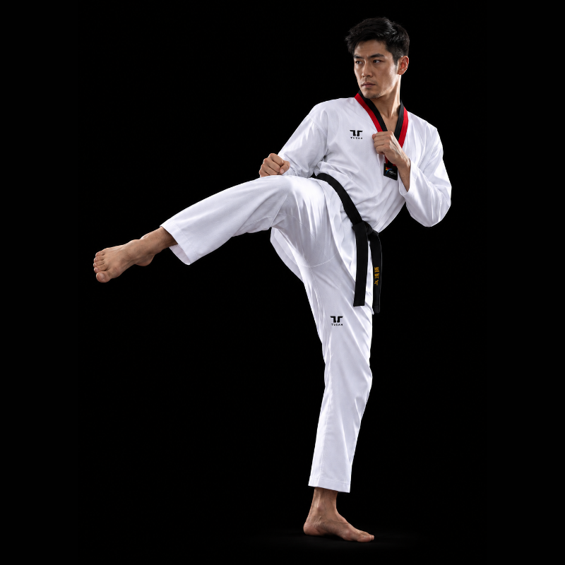 Tusah Nova Poom V Neck Taekwondo Uniform – WT approved, red and black collar