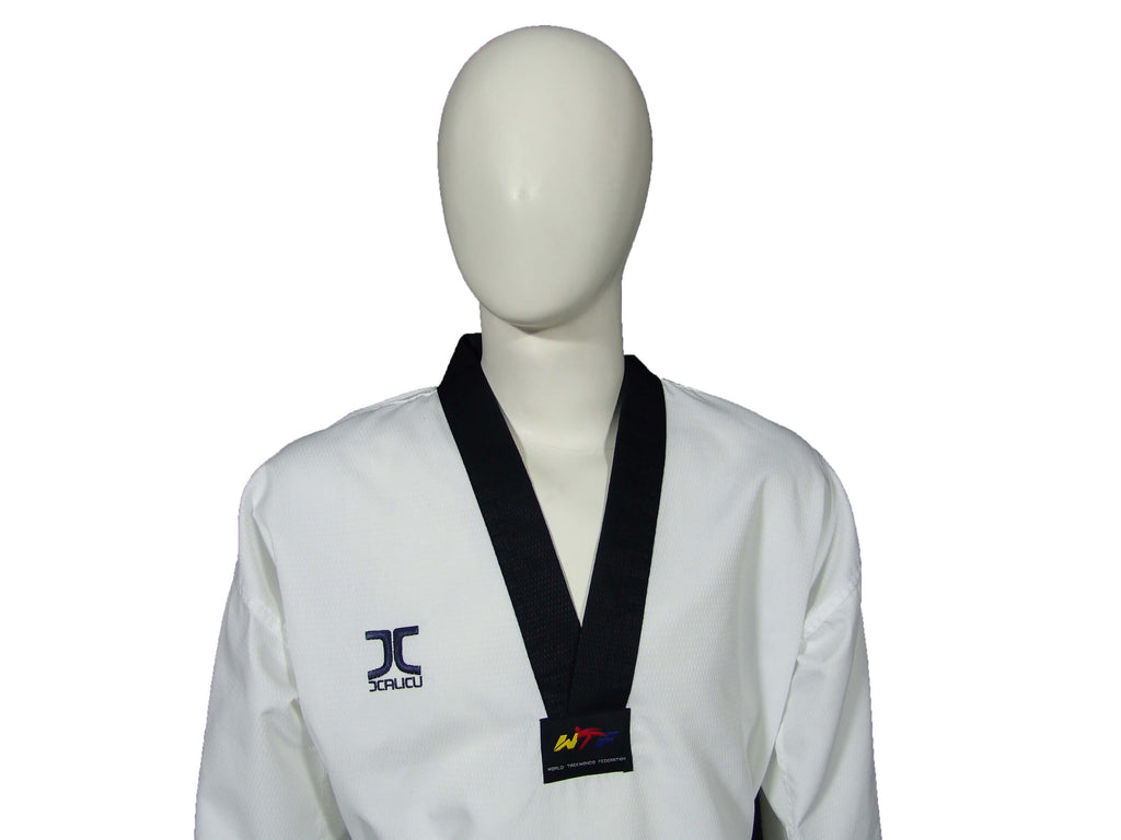 JCalicu Champion Black V-Neck Uniform World Taekwondo Apporved
