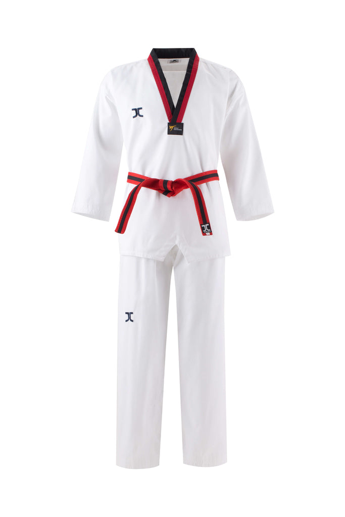 JCalicu Poom Cooler Uniform White V-Neck Uniform - World Taekwondo Approved 